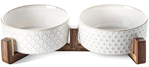 LE TAUCI Hundenäpfe Keramik, Napf-Set mit Akazienholzständer, 3 Tassen Hundefutter und Wassernapf für kleine mittelgroße gewichtete Hunde, Haustiernäpfe