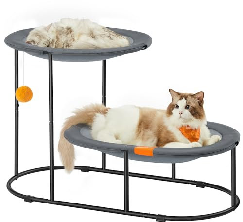 Feandrea 2-Tier Elevated Cat Hammock Bed, Breathable Furniture for Multi-Cat Households Indoor and Outdoor, with Removable Washable Mesh, Steel Frame, for Summer, Dove Gray UPCB012G01