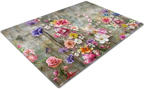 Glass Chopping Board for Kitchen - Worktop Saver, Cutting Board, Non-Slip, Small Size - Colorful Vintage Flowers Design
