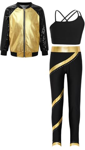 Jugaoge Mädchen Glänzend Sportanzug Tanz Kleidung Set aus Metallic Jacke + Sport Bustier BH + Lange Hose Gymnastik Turn Eiskunstlauf Outfits Gold 134-140