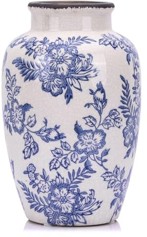 Jarrón chinoiserie – 26.9 cm de alto, decoración chinoiserie vintage azul y blanco, jarrón floral vintage para decoración del hogar, sala de estar, mesa de comedor, chimenea y decoración de entrada