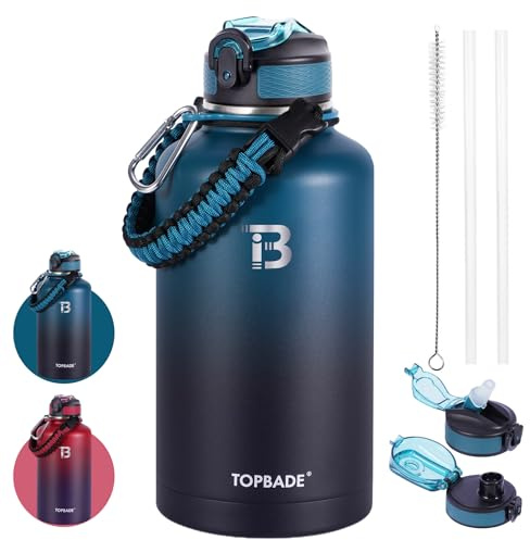 TOPBADE - Borraccia in acciaio inox, 1,9 l, isolata con 2 coperchi (con e senza cannuccia), senza BPA, in metallo, per palestra, bodybuilding, attività all'aperto