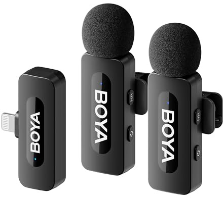 Boya BY-V2 Trådlös Lavalier Mikrofon (2TX+1RX) för iPhone, Mini Mobiltelefons Mikrofon Trådlös, Bullerreducering, Dubbla Lavalier Mikrofoner för YouTube, Podcast, Facebook, Tiktok Vlog Inspelning