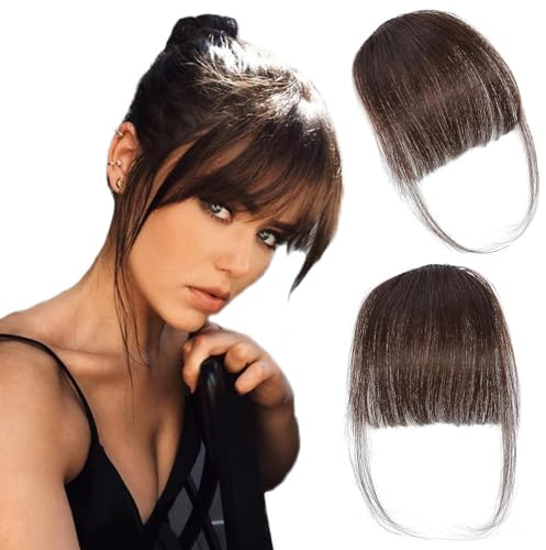 ORIGEN Clip in Bangs Real Human Hair Clip on Wispy Bangs Fringe with Temples Hairpieces Fake Front Bangs Extensions for Women Dark Brown Color