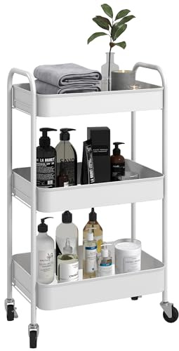 HOMCOM 3-tier Storage Trolley on Wheels with 3 Mesh Baskets White | Metal Kitchen Trolley, Rolling Utility Cart for Books, Beauty Supplies, Crafts, Bathroom, Kitchen, Office