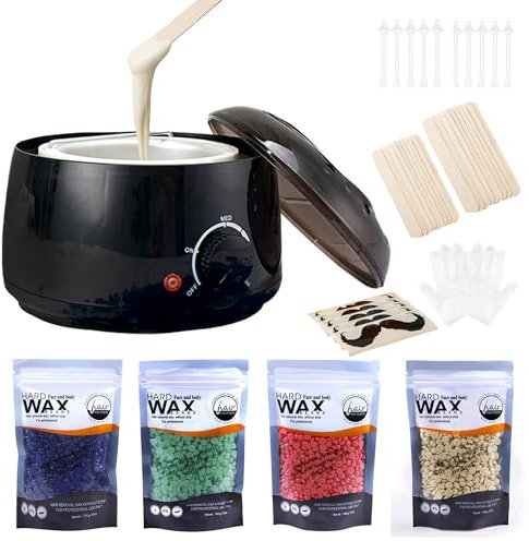 Wax Heater, Female man Hair Removal Device, Waxing Kit, 4 Bags Wax Beads and 10 Applicator Sticks and 10 nasal hair sticks 10pcs Beard protection sticker,Full set Home Use Hot Wax Melt Warmer