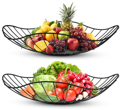 Rynvarl Juego de 2 Cestas de Frutas de Metal Negro – Diseño en Forma de Hoja, Transpirable y Decorativo, Ideal para Frutas, Pan y Almacenamiento en Cocina, Comedor o Sala de Estar