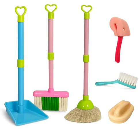 Toyana 6 PCs Kids Cleaning Set, Pretend Play Housekeeping Role Play Toy with Mop Broom Dustpan Sponge Brush, Complete Cleaning Tools Kit for Little Helpers, Educational Gift for Children Ages 3+ Years