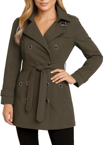 Jessica Simpson Womens Trench Coat - Lightweight Belted Softshell Jacket - Polar Fleece Lined Hooded Long Coat for Women, Size Large, Olive