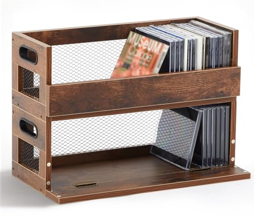 Jetec 2 Set Retro Cd Storage Box Holder Shelf Metal & Wooden Display Racks with Carrying Handles, Cassette Tape Organizer Shelf for Movie Cases, Dvds, Each Set Can Store up to 36 Pcs Cds
