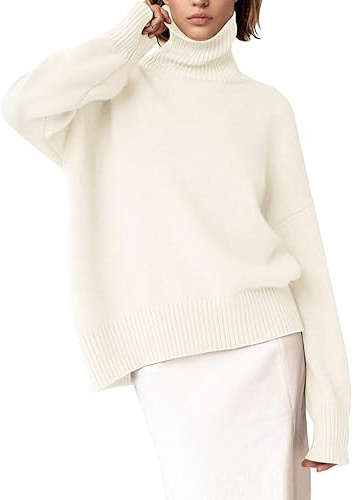 YKR Women's Turtleneck Sweater Chunky Long Sleeve Knitted Pullover High Low Hem Sweater Jumper Top White Small1