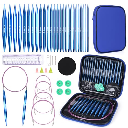 Aeelike Juego de agujas de tejer circulares, intercambiables con estuche y accesorios, 13 pares de agujas redondas de 3 mm a 10 mm, kit de punto circular para principiantes y adultos, color azul