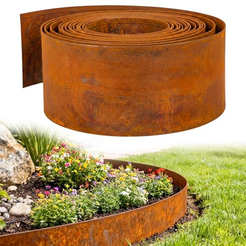 Enhon Bordatura per prato in acciaio Corten, 10 m, bordatura per aiuole in metallo, alta 15,5 cm, flessibile e tagliabile; per la progettazione di giardini, bordi per prati, aiuole, vialetti di ghiaia