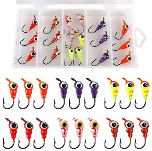 Ice Fishing Lures Set, 18PCS Glow Jigs with High Carbon Steel Hooks Lures Kit for Panfish, Enhanced Visibility in Deep & Murky Water, Portable Tackle Box
