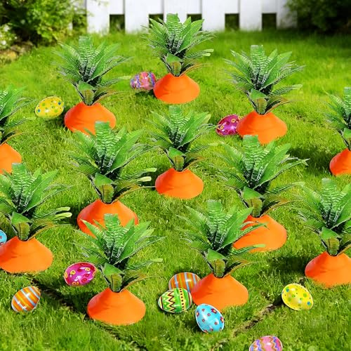 LuckyEra 24 Pcs Easter Yard Carrot Decorations with Printed Plastic Easter Eggs, Easter Carrot Decoration for Outdoor, Fade Resistant Carrots Yard Sign Stakes Egg Hunt Props for Lawn Spring Party