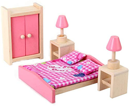 POFET Wooden Pink Bedroom Playset Pretend Play Doll House Furniture Set Realistic Miniature Display Model Figures Bed Wardrobe Dressing Table Crib