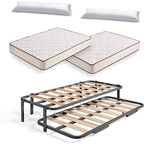 HOGAR24 ES Cama Nido Metálica Reforzada con 6 Patas + 2 Colchones Viscoelásticos Viscoferta + 2 Almohadas de Fibra Tacto Pluma, 90x190 cm