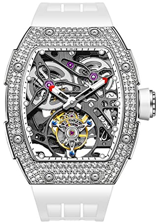 Haofa Tourbillon Uhr Luxus Tonneau Diamantgehäuse Skeleton Automatik Mechanische Uhr Saphir Wasserdicht Leuchtend Selbstaufzug Herrenuhr 1901-1S Weiß