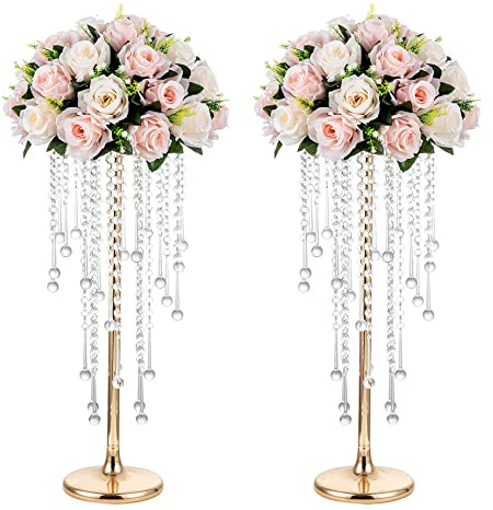 NUPTIO Wedding Centerpieces Gold Vases: 2 Pcs 21.7in Tall Crystal Flower Vase Metal Flowers Stand for Party Tables Decorations - Elegant Bulk Weddings Decoration Table Chandelier Centerpiece Stands