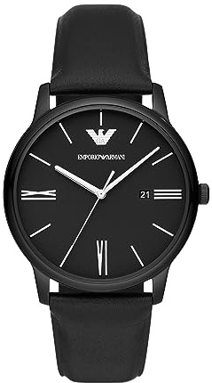 Emporio Armani Herrenuhr mit DREI Zeigern und Edelstahlband oder Lederband, Kleideruhr für Herren, Schwarz Leder, 42MM, Minimalistisch