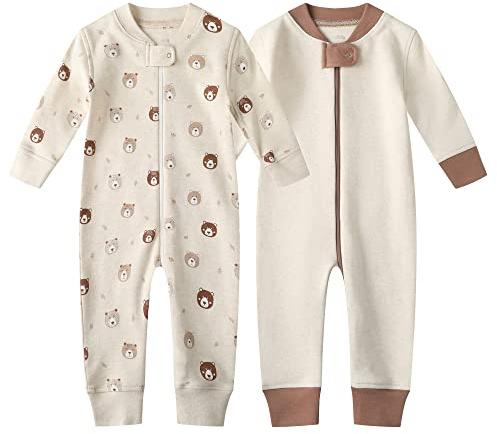 Owlivia Organic Cotton Baby Boy Girl Zip Up Sleep N Play, Footless Baby Romper, Long Sleeve Baby Pyjama (3-6 Months, Beige&Bear)