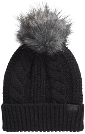 The North Face Women's Oh Mega Fur Pom Beanie | Deep Fit Cuffed Winter Hat with Oversized Faux-Fur Pom & Textured Cable Detailing, TNF Black, One Size