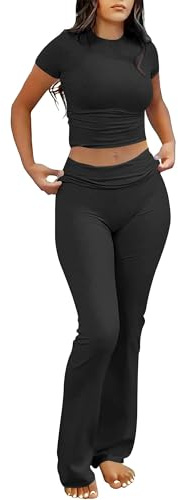 ANRABESS Lounge Sets for Women 2 Piece Foldover Yoga Flare Leggings Pants Crop Tops Casual Y2K Outfits Matching Tracksuit Set Black Medium