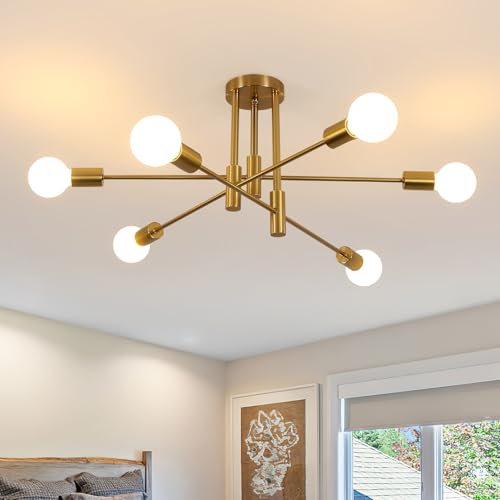 Comely Kronleuchter Moderne, 6-Flammig E27 Sockel Vintage Gold Deckenleuchte, Industrielle Hängelampe Deckenlampe für Wohnzimmer Schlafzimmer Esszimmer Flur