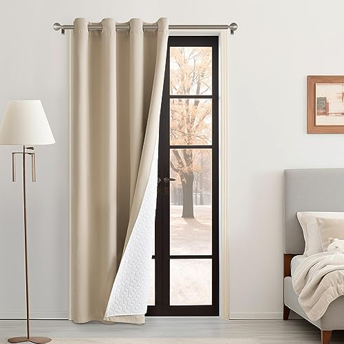 MIULEE Thermal Door Curtain for Winter Heavy Duty 46x90 Inch, Eyelet Blackout Thermal Curtain with Thick Quilted Lining, Double-Layer Cold Resistant Draft Excluder Curtains Winter, 1 Panel, Beige