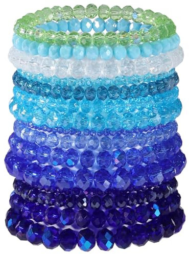LEGENTLISUR 15 Piezas Pulsera con Cuentas de Cristal Pulsera de Cuentas de Vidrio Ajustable Pulseras Apilables Regalo de Joyería de Pulsera Elástica con Cuentas de Cristal Serie Azul
