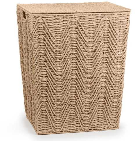 woodluv Laundry Basket with Lid, Woven Storage Basket, Laundry Hamper Bin Storage Organiser, Washing Basket for Dirty Clothes Bathroom, Large - Khaki
