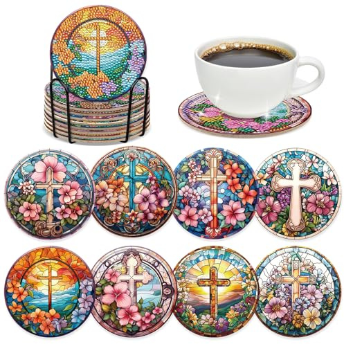 INCOK Cross Diamond Art Coasters - 8 Pcs DIY Christian Colorful Glass Diamond Painting Coasters Kits Religions Flower Art Craft Supplies Home Table Decor Inspirational Easter Gift for Beginners Adults