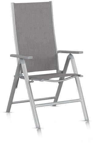 KHG Gartenstuhl Hochlehner Alu Klappstuhl, 8-Fach verstellbare Rückenlehne mit Armlehne, Silber Grau wetterfest rostfrei, 120 kg belastbar, Balkonstuhl, vormontiert, Kunststoff Gewebe
