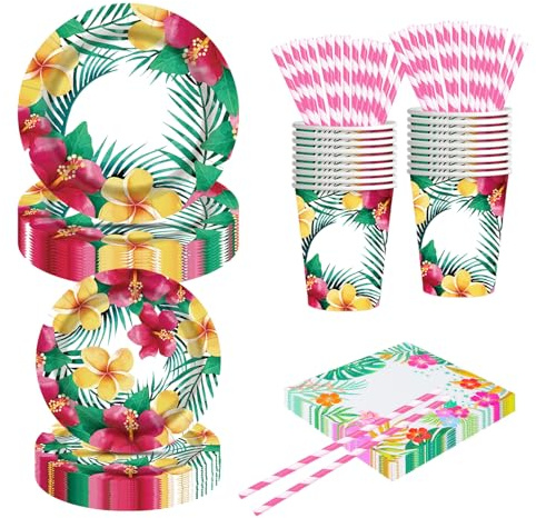 Moerstar 100 Pezzi Set Stoviglie per Festa Hawaiana con Piatti Carta Fenicotteri Hawaiane Bicchieri di Carta Tovaglioli Tovaglie Decorazioni per Festa Hawaiana per Party Hawaiano (Stile 2)