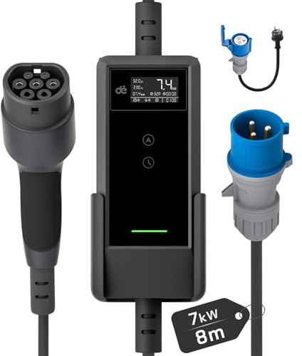 dé Chargeur Voiture Electrique P17 [7,4kW, 8m, 6A-32A, 1-Phase] Chargeur Voiture Electrique Type 2 32A P17, Type 2 Chargeur EV Prise CEE Compatible avec Model Y, E-208, 500e et Autres EV/PHEV