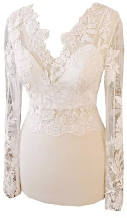 Mollybridal White V Neck Elegant Lace Applique Flower Wedding Bridal Dresses Wraps Bolero Shawls with Long Illusion Sleeve Hollow Back Sheer Style Evening Prom Gowns 10