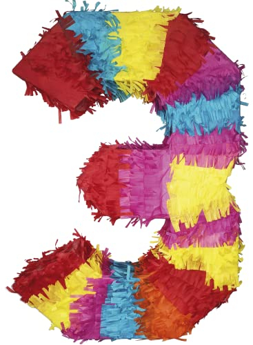 Party Factory – Pinata Geburtstagsdeko für Kinder zum Befüllen & aufhängen – Bunte Schlag-Piñata als Party Deko in 50x35x8 cm für Kindergeburtstag & Mottopartys – Partyspiel Pinjata mit der Zahl 3