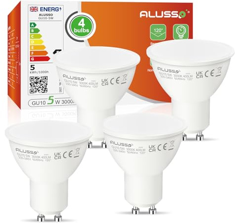 ALUSSO 5W GU10 LED Bulbs Warm White 3000K, 400LM Brightness Pack of 4 | 120° Wide Beam Angle, Super Bright Spotlight Bulbs equals 50W, Non-dimmable, Ideal for Living Room, Bedroom, Kitchen & More