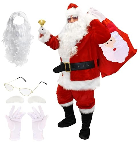 Costume de Père Noël pour adulte - 4XL - Veste, pantalon, chapeau, ceinture, couvre-bottes, perruque, barbe, lunettes, gants, sourcils, sac, clochette - 12 pièces