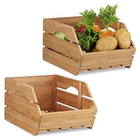 Relaxdays 3 x Universal Stapelkiste aus Bambus, offene Aufbewahrungsbox, stabil, Stapelbox, HxBxT: 20,5x27x38 cm, Bambusbox, natur