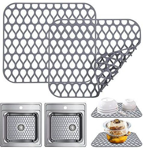 AUAUY Silikon-Spülbeckenmatte, 2 Stück, Zusammenklappbar, Hitzebeständig, rutschfest, Spülbeckenschutz, Küchenspülmatte, für Edelstahlspüle, Waschbecken, Porzellanschüssel (Grau, 13,58 x 11,6)