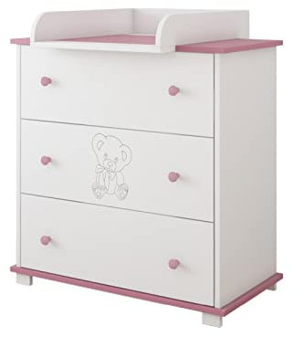 Kiki design Kommode mit Wickeltisch | 80x46 cm | Wickelkommode mit 3 Schubladen | Für Kinderzimmer | Gravierter Teddybär | Schrank für Kinderzimmer |Rosa