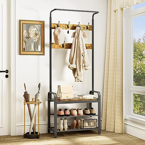 YITAHOME Garderobenständer mit Schuhablage, industrieller Flurbaum mit 7 Haken, freistehender Garderobenständer, Eingangsbereich, Aufbewahrungsregal für Flur, Wohnzimmer, Schlafzimmer, Metallrahmen