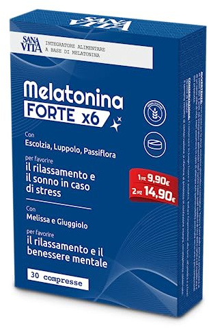 Sanavita Melatonina Forte 6x con Melatonina alto dosaggio, Escolzia, Luppolo, Passiflora, Melissa, Giuggiolo per il rilassamento - 30 compresse - Senza glutine