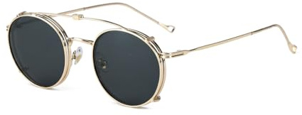 kachawoo Gafas de sol polarizadas redondas hombres UV400 lente clip en gafas de sol mujeres marco metal flip up gafas, Dorado con negro