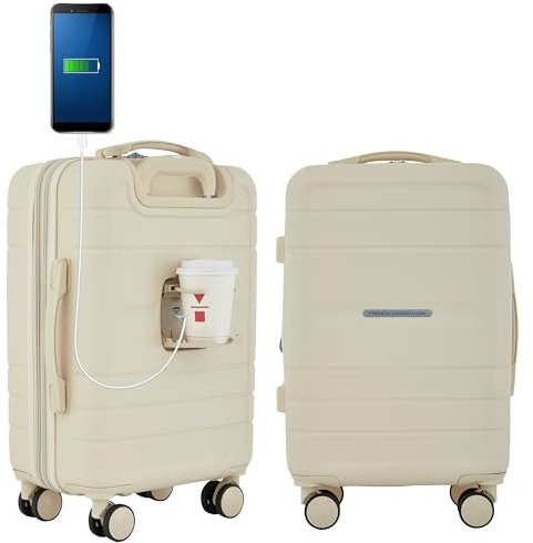 French Connection St. Martin Carry-On Luggage with Cup Holder/USB Ports, Whitecap Gray