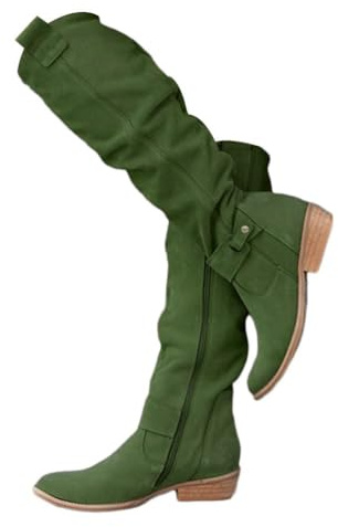shownicer Stiefel Damen Bequeme Absatz Westernstiefel Runde Zehen Hohe Stiefel Einfarbige Damenstiefel A Grün 41