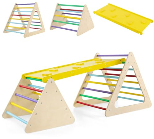 COSTWAY Armazón de escalada interior, incluye 2 triángulos de escalada y escalera de escalada, equipo de juego para interiores de madera, triángulo de peldaños combinable, escalada para niños a partir