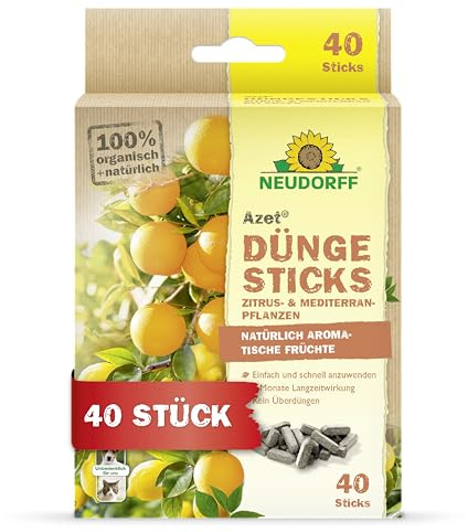 Neudorff Azet DüngeSticks für Zitrus- und Mediterranpflanzen – Bio Zitrusdünger sorgt für leckere Früchte und kräftig grüne Blätter, 40 Stück, Braun