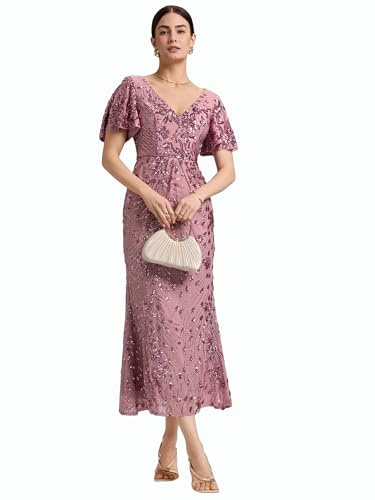 Ever-Pretty Women's Sequin Evening Dresses Maxi Bodycon V-Neck Short Sleeves Orchid 12
